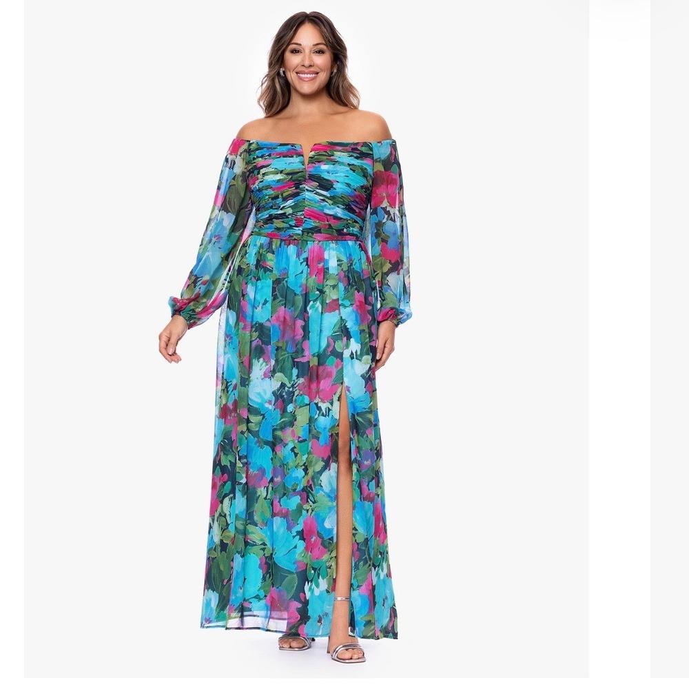 NWT Xscape Plus Size Off-The-Shoulder Long-Sleeve Printed Gown 16P